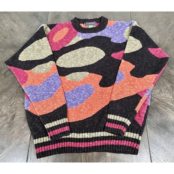 Vintage 90s AJ Tremont Silk & Cotton Abstract Geometric Sweater Bold Sz Medium - Picture 1 of 8
